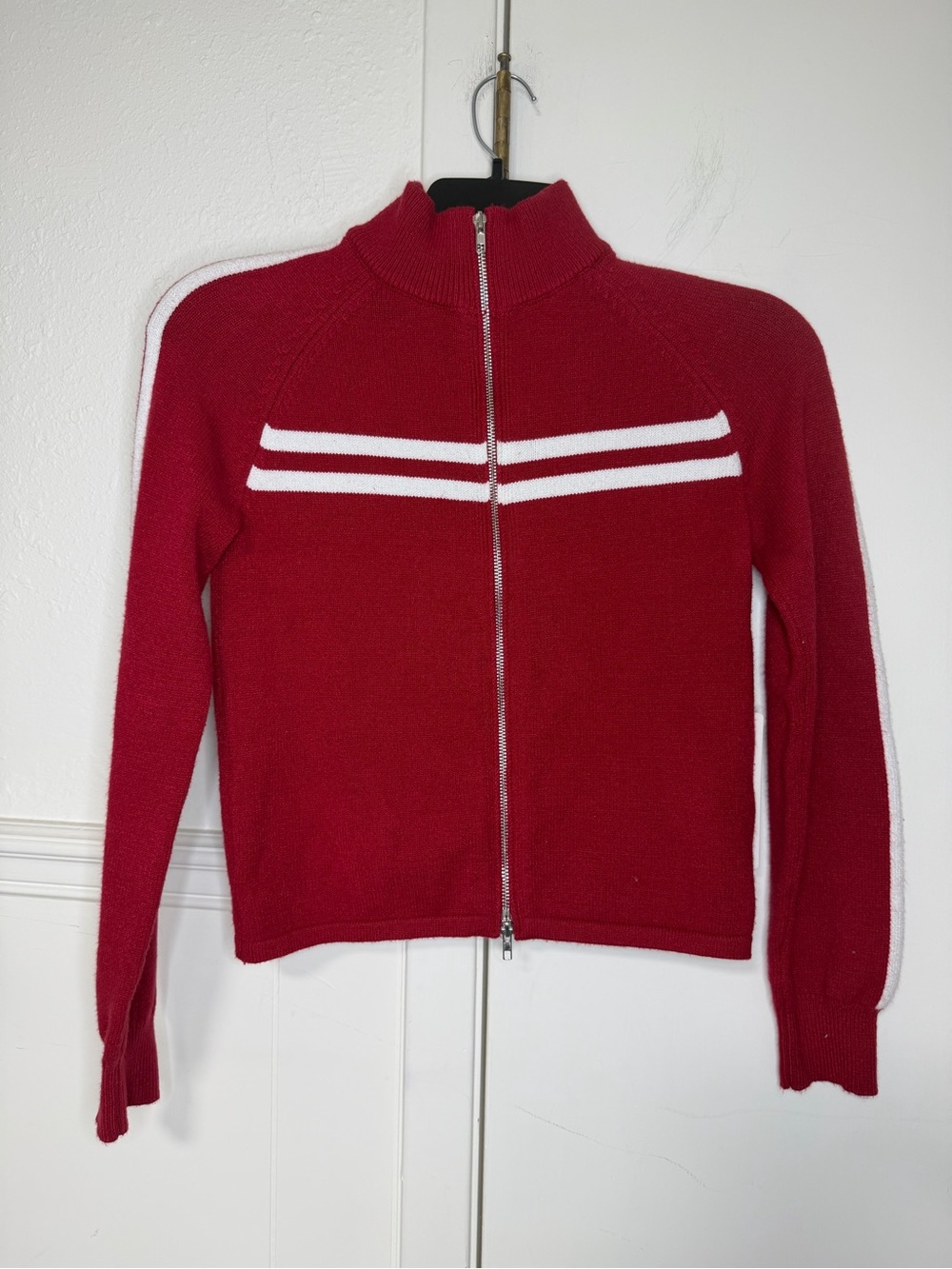 Red Zip-Front Turtleneck Sweater with White Stripe Accents L NWT